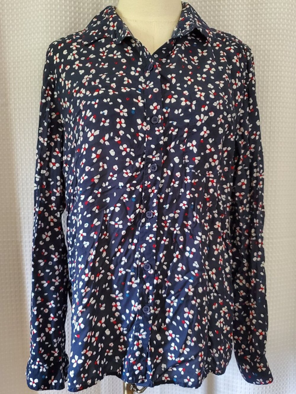 Beachlunchlounge Womens Large Blue Floral Button Up Long Sleeve Shirt Blouse